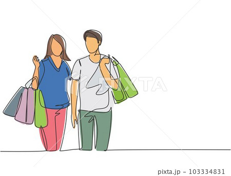 Single continuous line drawing young happy romantic couple holding paper bags while shopping together at mall. Buying fashion and cosmetic concept. One line draw vector graphic design illustration Single continuous line drawing young happy romantic couple holding paper bags while shopping together at mall. Buying fashion and cosmetic concept. One line draw vector graphic design illustration 103334831