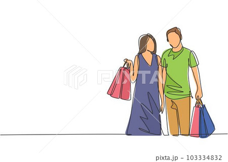 One single line drawing young happy romantic couple holding paper bags after buying dress and personal needs together at mall. Commercial shopping concept. Continuous line draw design illustration One single line drawing young happy romantic couple holding paper bags after buying dress and personal needs together at mall. Commercial shopping concept. Continuous line draw design illustration 103334832