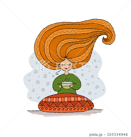 Pretty girl with coffee mug. Morning time concept. Cozy illustration for your design Pretty girl with coffee mug. Morning time concept. Cozy illustration for your design 103334948