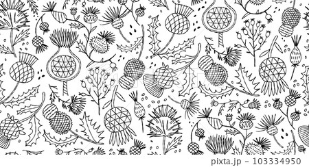 Milk Thistle flowers. Silymarin. Vector botanical illustration. Seamless pattern for your design Milk Thistle flowers. Silymarin. Vector botanical illustration. Seamless pattern for your design 103334950