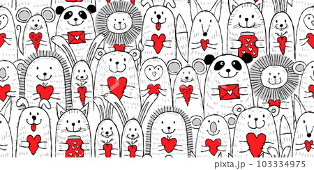 Cute animals with hearts in hands together. Be my Valentine. Valentine's day background. Vector seamless pattern for greeting, decoration, fabric, invitation etc 103334975