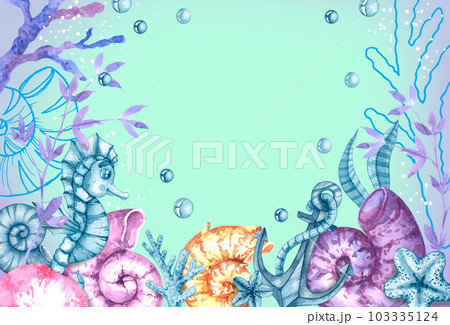 Watercolor background image with marine life, sand castle, seashells, corals on a bright background 103335124