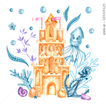 Watercolor composition with marine life, sand castle, seashells, corals on a white background 103335125