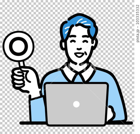 Smiling middle-aged man sitting in front of a laptop and holding a circle tag Smiling middle-aged man sitting in front of a laptop and holding a circle tag 103335332