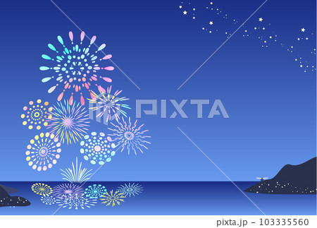 夜空に咲く花火と夜の海の風景　ハガキサイズ　横向き 103335560