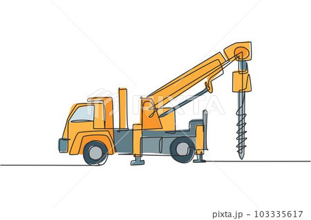 Single continuous line drawing of vehicle driller for drilling soil earth work. Heavy construction machines equipment concept. Trendy one line draw design vector graphic illustration 103335617