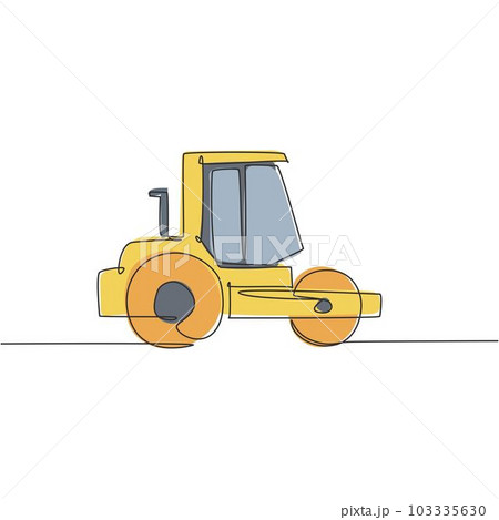 One continuous line drawing of metal roller vehicle for paving the road, commercial vehicle. Heavy construction trucks equipment concept. Dynamic single line draw design vector graphic illustration 103335630