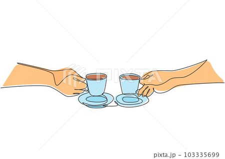One single line drawing of young male and female couple enjoying a cup of coffee together at coffee shop. Romantic date drinking coffee concept continuous line draw design illustration One single line drawing of young male and female couple enjoying a cup of coffee together at coffee shop. Romantic date drinking coffee concept continuous line draw design illustration 103335699