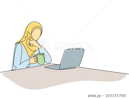One continuous line drawing of young muslimah office worker take a break while drink a cup of coffee. Saudi Arabian female with hijab and veil concept. One line draw design illustration One continuous line drawing of young muslimah office worker take a break while drink a cup of coffee. Saudi Arabian female with hijab and veil concept. One line draw design illustration 103335700