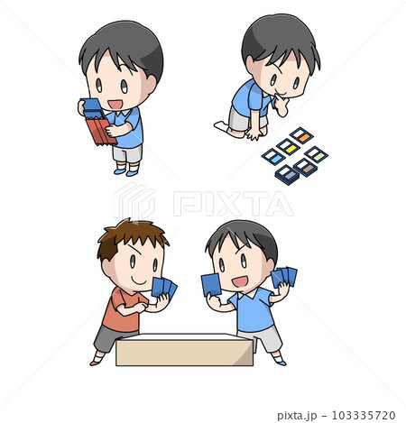 トレーディングカードゲームを遊ぶ男の子のイラスト3パターン 103335720