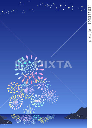 夜空に咲く花火と夜の海の風景 ハガキサイズ 縦向き 夜空に咲く花火と夜の海の風景 ハガキサイズ 縦向き 103335834