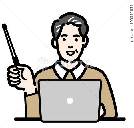 ラップトップの前に座って指し棒で解説をしている中年男性 103335851