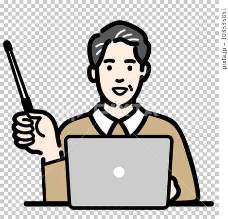 ラップトップの前に座って指し棒で解説をしている中年男性 103335851