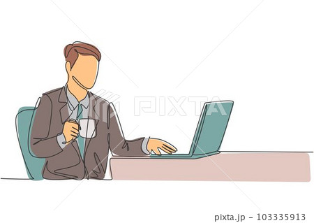 One single line drawing of young happy manager typing on a laptop keyboard while holding a cup of coffee on his hand. Drinking tea concept continuous line symbol draw design vector illustration 103335913