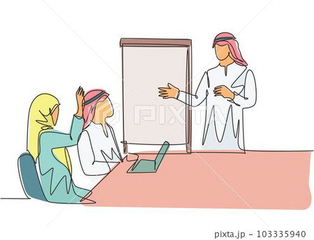 Single continuous line drawing of young male and female muslim businesspeople attending business coaching. Arab middle east cloth shmagh, hijab, thawb, robe. One line draw design vector illustration Single continuous line drawing of young male and female muslim businesspeople attending business coaching. Arab middle east cloth shmagh, hijab, thawb, robe. One line draw design vector illustration 103335940