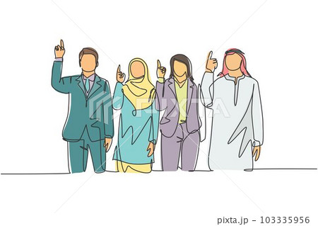 One continuous line drawing of young male and female muslim managers pointing finger to the sky, belief in God. Islamic clothing shemag, kandura, hijab. Single line draw design vector illustration 103335956