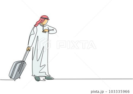 One continuous line drawing of young male muslim businessman staring the watch while holding travel case. Islamic clothing shemag, kandura, scarf, keffiyeh. Single line draw design vector illustration 103335966