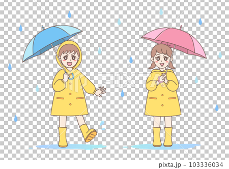 孩子們在雨中穿雨衣打傘 孩子們在雨中穿雨衣打傘 103336034