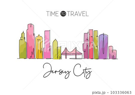One single line drawing of Jersey City skyline, New Jersey. Historical town landscape in the world. Best holiday destination. Editable stroke trendy continuous line draw design vector illustration 103336063
