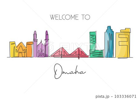 One continuous line drawing of Omaha city skyline, Nebraska. World beautiful landscape tourism and travel vacation for wall decor print. Stylish single line draw graphic design vector illustration 103336071