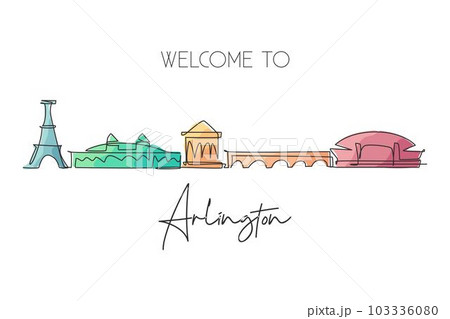 Single continuous line drawing of Arlington city skyline, Virginia. Famous city for wall decor print. World travel concept. Editable stroke modern one line draw design vector illustration 103336080