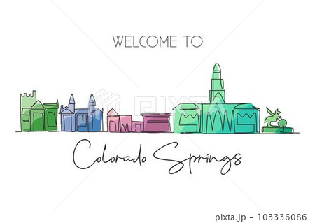 Single continuous line drawing of Colorado Springs city skyline, United States. Famous city for wall decor print. World travel concept. Editable stroke modern one line draw design vector illustration 103336086