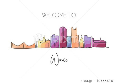 One single line drawing Waco city skyline, Texas. World historical town landscape. Best holiday destination postcard. Editable stroke trendy continuous line draw design graphic vector illustration 103336181
