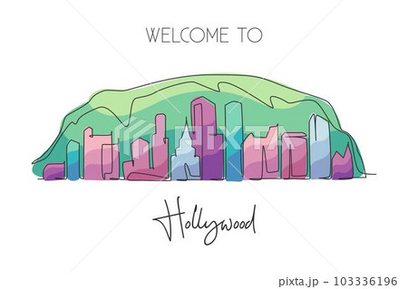 One continuous line drawing of Hollywood city skyline, Los Angeles. Beautiful landmark. World landscape tourism travel home wall decor poster print. Stylish single line draw design vector illustration One continuous line drawing of Hollywood city skyline, Los Angeles. Beautiful landmark. World landscape tourism travel home wall decor poster print. Stylish single line draw design vector illustration 103336196