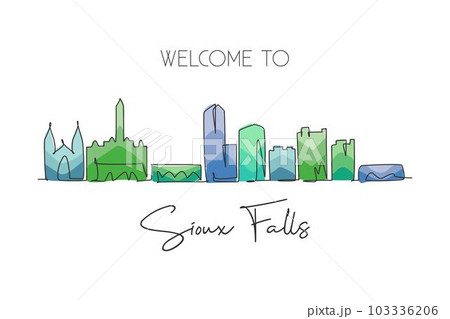 One continuous line drawing Sioux Falls city skyline, South Dakota. Beautiful landmark. World landscape tourism travel home wall decor poster print. Stylish single line draw design vector illustration 103336206