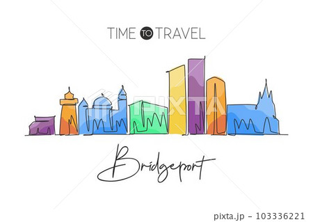 One continuous line drawing Bridgeport city skyline, Connecticut. Beautiful landmark. World landscape tourism travel home wall decor poster print. Stylish single line draw design vector illustration 103336221