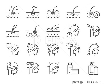 Hair care icon set. It included shampoo, scalp, conditioner, hair treatment, washing and more icons. Editable Stroke. Hair care icon set. It included shampoo, scalp, conditioner, hair treatment, washing and more icons. Editable Stroke. 103336338