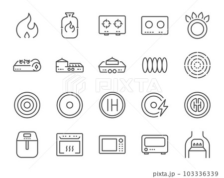 Cooker and flame icon set. It included fire, stoves, cooking hobs, hob, microwave and more icons. Editable Stroke. 103336339