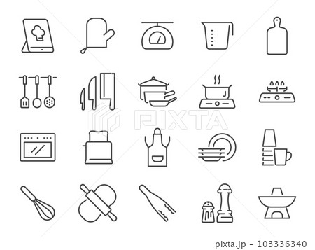 Kitchenware icon set. It included utensils, kitchen, pot, pan, microwave and more icons. Editable Stroke. 103336340