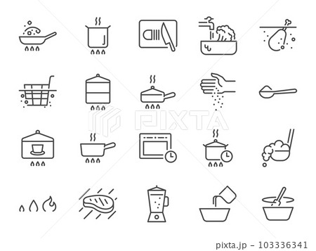 Cooking icon set. It included bake, heat, boil, frying, steam and more icons. Editable Stroke. 103336341