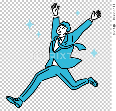 Whole body A young man in a suit happily raising his hand and skipping Whole body A young man in a suit happily raising his hand and skipping 103336411