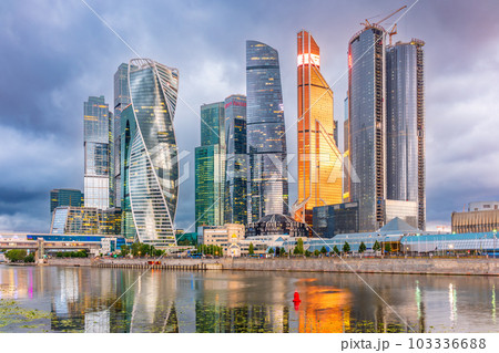 High buildings of Moscow-City at Moskva River at summer sunset, Russia. High buildings of Moscow-City at Moskva River at summer sunset, Russia. 103336688