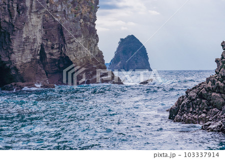 【静岡県】伊豆半島ジオパーク・浮島海岸(ふとうかいがん)　柱状節理の岩 103337914