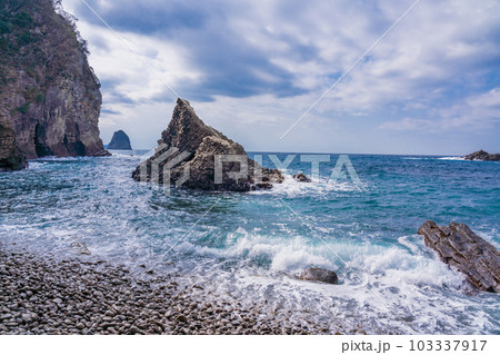 【静岡県】伊豆半島ジオパーク・浮島海岸(ふとうかいがん)　柱状節理の岩 103337917