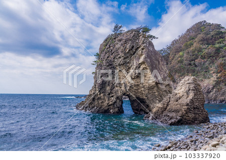 【静岡県】伊豆半島ジオパーク・浮島海岸(ふとうかいがん)　柱状節理の岩 103337920