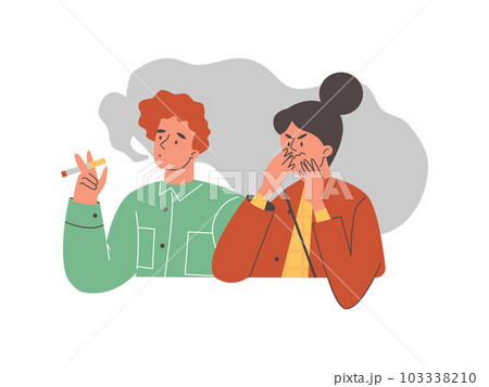 Smoking man harming others, flat vector illustration isolated on white. 103338210