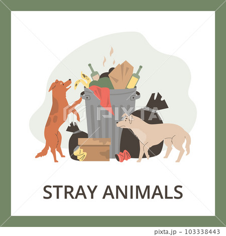 Hungry stray dogs looking for food in garbage bins, poster template - flat vector illustration. Hungry stray dogs looking for food in garbage bins, poster template - flat vector illustration. 103338443