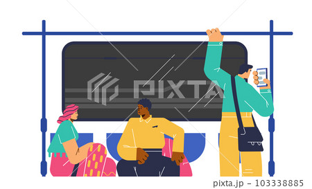 Vector illustration of woman and black man sitting and talking, guy looks in smartphone in the subway train Vector illustration of woman and black man sitting and talking, guy looks in smartphone in the subway train 103338885