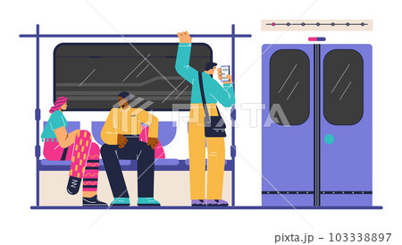 Vector illustration of woman and black man are sitting and talking, guy is looking in smartphone in the subway train next to the automatic door Vector illustration of woman and black man are sitting and talking, guy is looking in smartphone in the subway train next to the automatic door 103338897