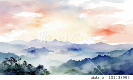 早朝の里山に朝焼けの中に朝靄が雲海のように広がっている。水彩画にした。
