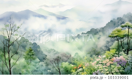 早朝の里山に朝靄が雲海のようかかる。水彩画にした。