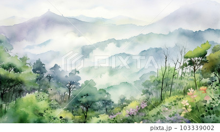 早朝の里山に朝靄が雲海のようかかる。水彩画にした。