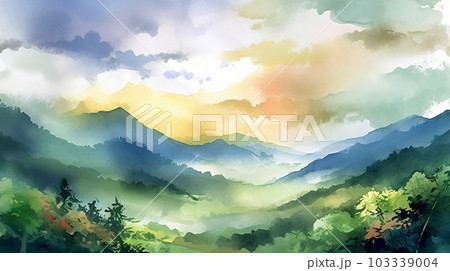早朝の里山に朝焼けの中に朝靄が雲海のように広がっている。水彩画にした。