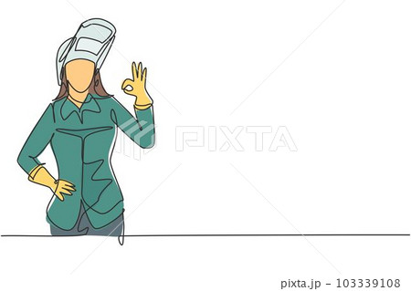 Continuous one line drawing female welder with gesture okay works in the construction of building forming steel frame that is melted by fire. Single line draw design vector graphic illustration Continuous one line drawing female welder with gesture okay works in the construction of building forming steel frame that is melted by fire. Single line draw design vector graphic illustration 103339108