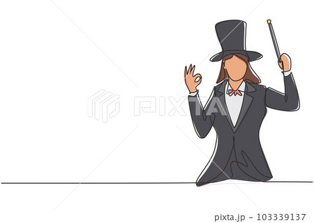 Single continuous line drawing female magician with gesture okay wearing hat and holding magic stick ready to entertain audience at television show. One line draw graphic design vector illustration Single continuous line drawing female magician with gesture okay wearing hat and holding magic stick ready to entertain audience at television show. One line draw graphic design vector illustration 103339137