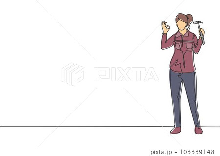 Single one line drawing female carpenter standing with gesture okay works for wood industry and must be skilled at using carpentry tools. Modern continuous line draw design graphic vector illustration 103339148